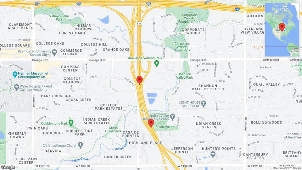 A detailed map that shows the affected road due to 'Lane on US-69 closed in Overland Park' on December 27th at 3:42 p.m.