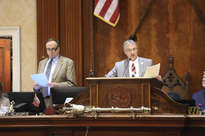 South Carolina Rep. Davey Hiott, R-Pickens, presides over the House as Speaker as the chamber begin debating an abortion bill on Tuesday, May 16, 2023, in Columbia, South Carolina. (AP Photo/Jeffrey Collins)