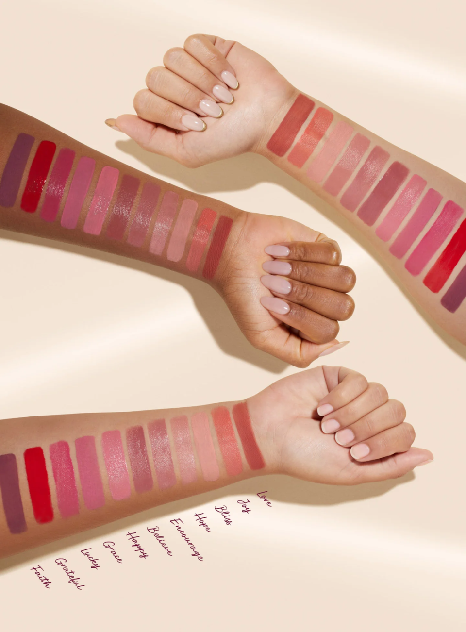 rare beauty liquid blush swatches on arms