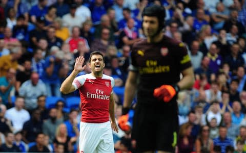 Sokratis Papastathopoulos (left) shouts instructions to Petr Cech (right) of Arsenal during the Premier League match between Cardiff City and Arsenal at Cardiff City Stadium on September 2, 2018 in Cardiff, Wales - Credit: Getty Images