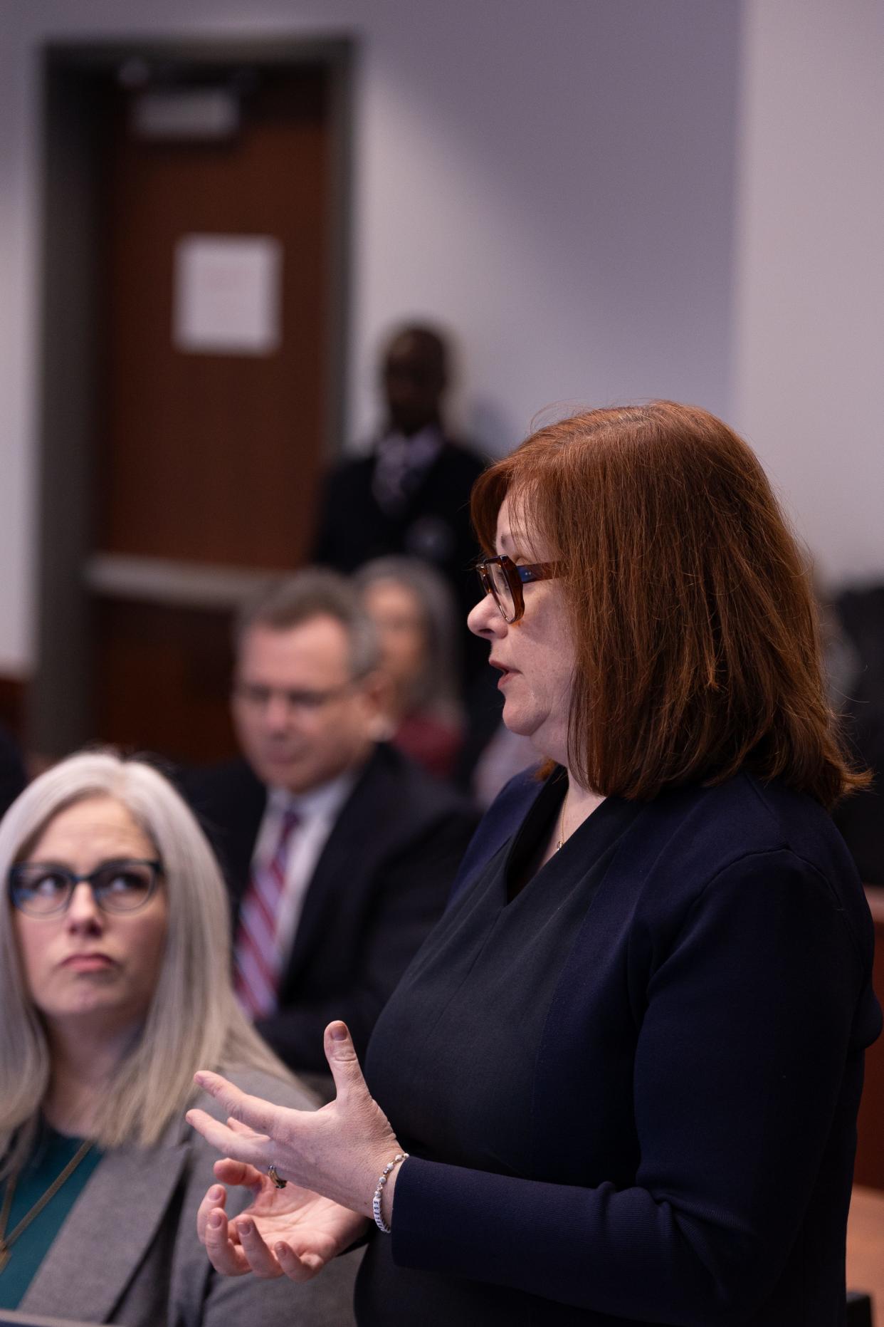 Attorney Sarah Riley-Howard makes her arguments during an evidentiary hearing on Friday, Jan. 19, 2024, in Muskegon County 14th Circuit Court as part of Ottawa County Health Officer Adeline Hambley's lawsuit against the Ottawa County Board of Commissioners. Howard is representing Hambley in the litigation.