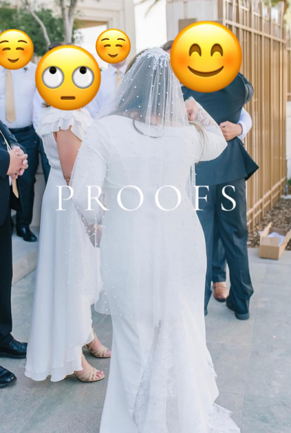 Bride, mother in law and other groomsmen after a wedding ceremony with emojis covering their faces