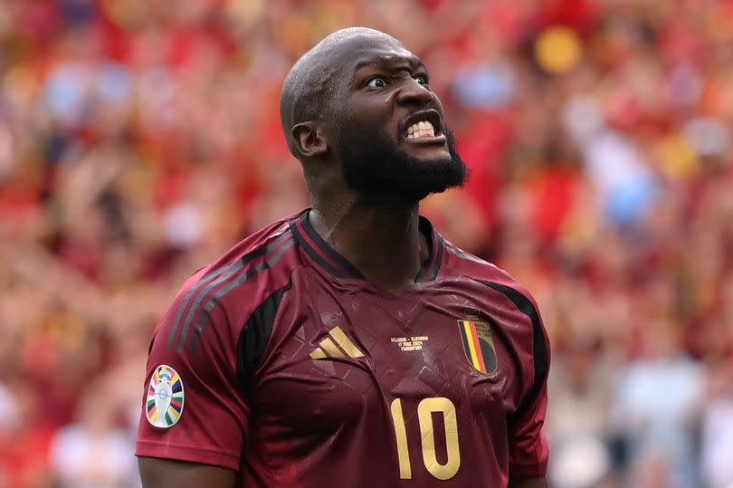 Romelu Lukaku of Belgium reacts after a missed chance during the UEFA EURO 2024 group stage match between Belgium and Slovakia at Frankfurt Arena on June 17, 2024 in Frankfurt