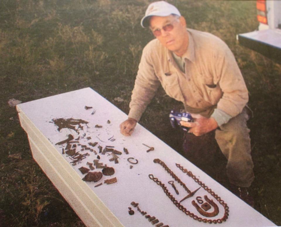 Joe Allen with items he found on his first visit to Chimney Creek Ranch to search for Smith's Station on the Butterfield Overland Mail Company route.