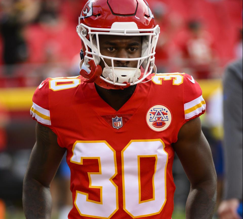 Kansas City Chiefs cornerback Dicaprio Bootle during pre-game warmups before an NFL football game against the Los Angeles Chargers, Thursday, Sept. 15, 2022 in Kansas City, Mo. (AP Photo/Reed Hoffmann)