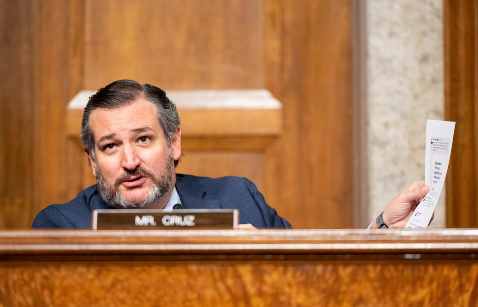 Sen. Ted Cruz, R-T, questions Mark Zuckerberg, Chief Executive Officer of Facebook, and Jack Dorsey, Chief Executive Officer of Twitter, during a Senate Judiciary Committee hearing titled, "Breaking the News: Censorship, Suppression, and the 2020 Election, on Facebook and Twitter's content moderation practises, on Capitol Hill in Washington,DC on November 17, 2020. (Photo by Bill CLARK / POOL / AFP) (Photo by BILL CLARK/POOL/AFP via Getty Images)