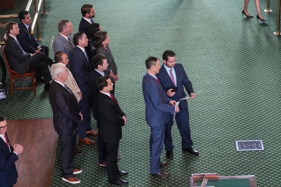 Rep. Andrew Murr, R-Junction, presents the articles of impeachment for Attorney General Ken Paxton to the Texas Senate on Monday.