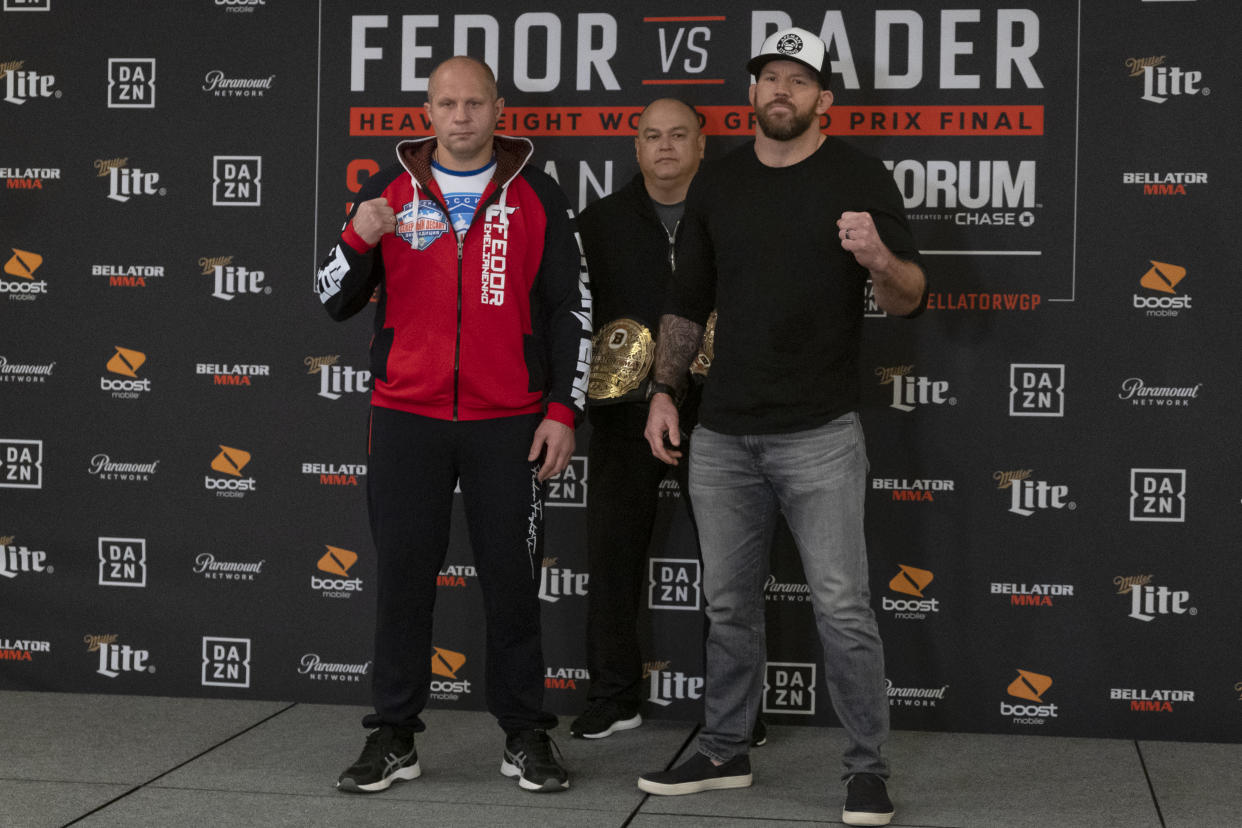 LOS ANGELES, CA - JANUARY 24: Fedor Emelianenko, left, Bellator president Scott Coker and Ryan Bader during Bellator 214 Media Day at the Westin Los Angeles Airport in Los Angeles, Thursday, Jan 24, 2019. (Photo by Hans Gutknecht/MediaNews Group/The Los Angeles Daily News via Getty Images)