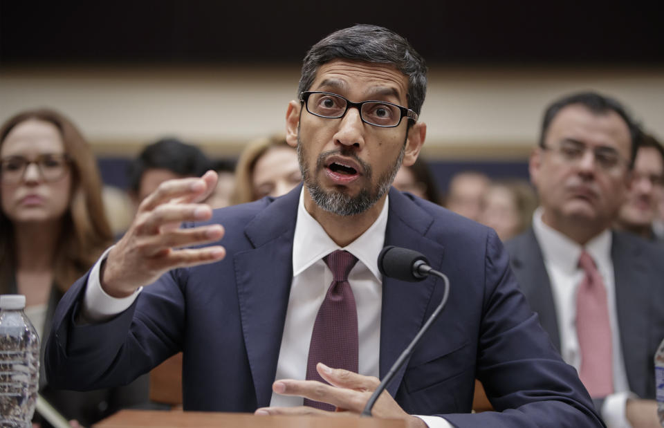 Google CEO Sundar Pichai appears before the House Judiciary Committee to be questioned about the internet giant's privacy security and data collection, on Capitol Hill in Washington, Tuesday, Dec. 11, 2018. Pichai angered members of a Senate panel in September by declining their invitation to testify about foreign governments' manipulation of online services to sway U.S. political elections. (AP Photo/J. Scott Applewhite)