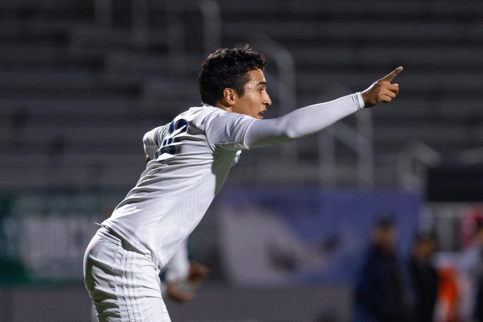 Cottage Grove's Rogelio Soto-Cruz (10) celebrates his goal during the Class 4A OSAA state championship on Saturday, Nov. 11, 2023, at Liberty High School in Hillsboro, Ore.