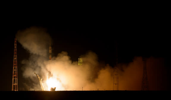 A Russian Soyuz rocket launches a Soyuz TMA-12M capsule carrying NASA astronaut Steve Swanson and cosmonauts Alexander Skvortsov and Oleg Artemyev toward the International Space Station on March 25, 2014 EDT from Baikonur Cosmodrome, Kazakhstan