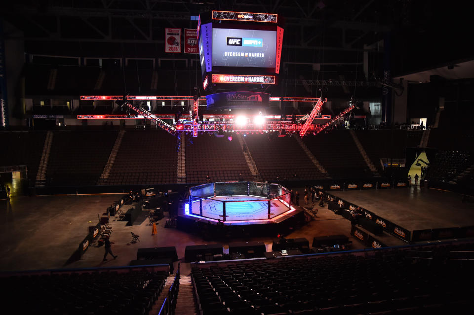 May 16, 2020; Jacksonville, Florida, USA; General view of the octagon before UFC on ESPN at VyStar Veterans Memorial Arena. Mandatory Credit: Jasen Vinlove-USA TODAY Sports