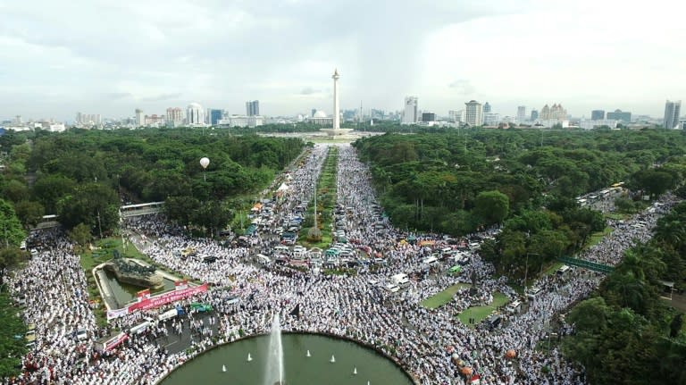 Indonesian Muslims gather at Jakarta's National Monument Park for a rally against the capital's Christian Governor Basuki Tjahaja Purnama, on December 2, 2016