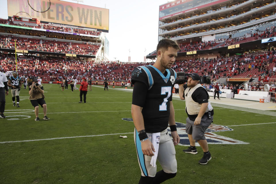 Carolina Panthers quarterback Kyle Allen walks off the field at the end of an NFL football game against the San Francisco 49ers in Santa Clara, Calif., Sunday, Oct. 27, 2019. San Francisco won the game 51-13. (AP Photo/Ben Margot)