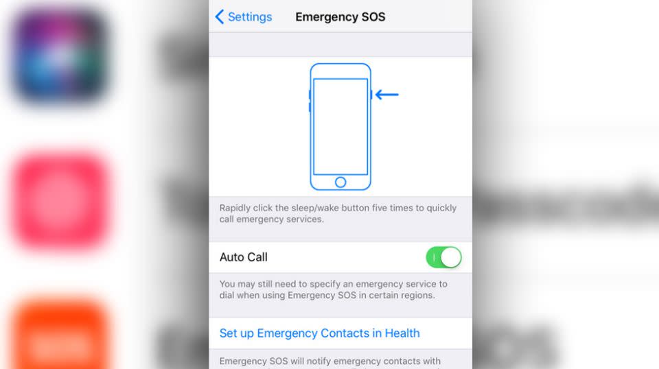 Toggle the Autocall setting to on in order to be able to secretly use the 'Emergency SOS'. Source: Yahoo7