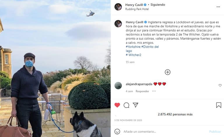 Henry Cavill anunció por sus redes sociales que suspenderían la grabación de The Witcher por el covid