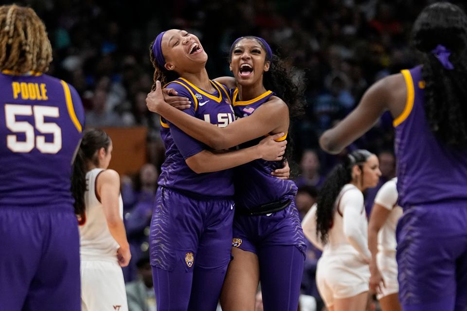 LSU's LaDazhia Williams, left, and Angel Reese react during the second half of an NCAA Women's Final Four semifinals game against Virginia Tech in Dallas in March. Williams, a Lakewood Ranch graduate, will be in Sarasota on May 30 for a meet-and-greet event.