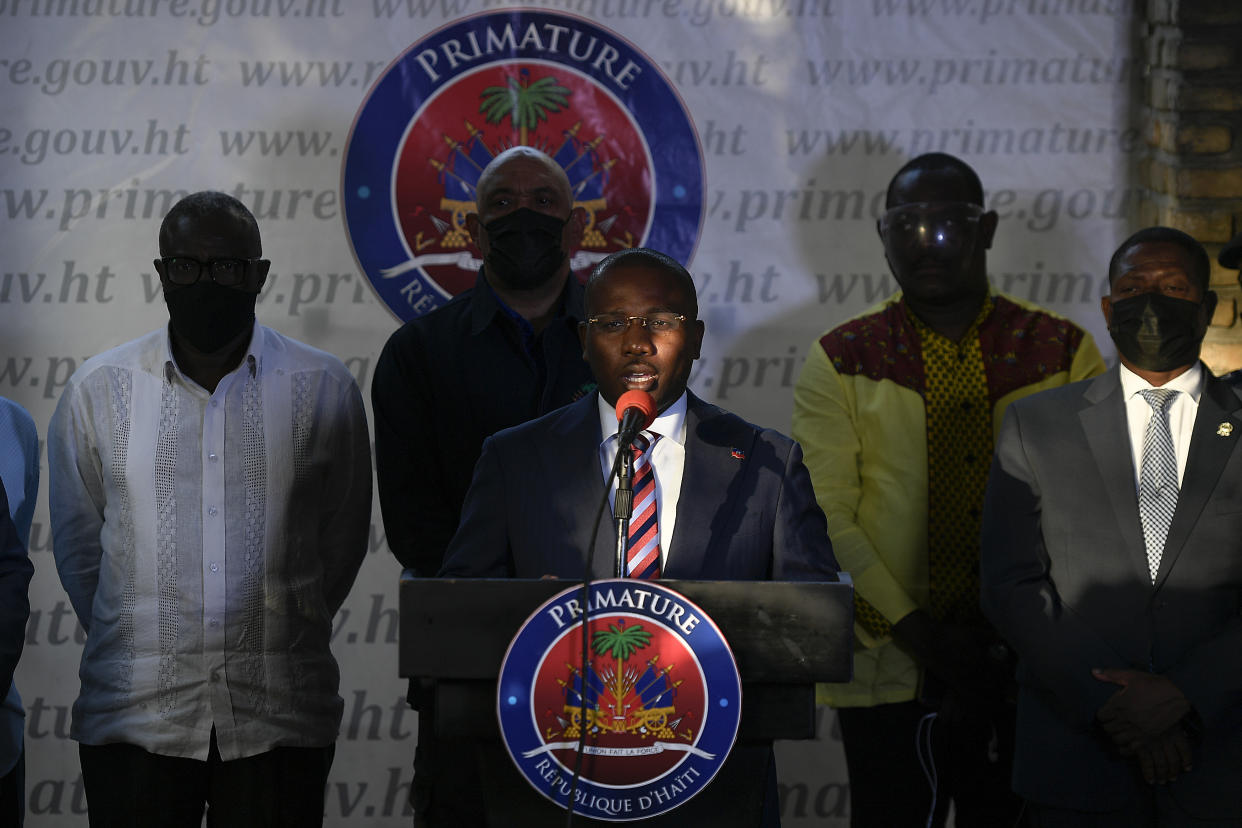 Interim President Claude Joseph speaks during a news conference at his residence in Port-au-Prince, Haiti, Sunday, July 11, 2021, four days after the assassination of Haitian President Jovenel Moise. (AP Photo/Matias Delacroix)