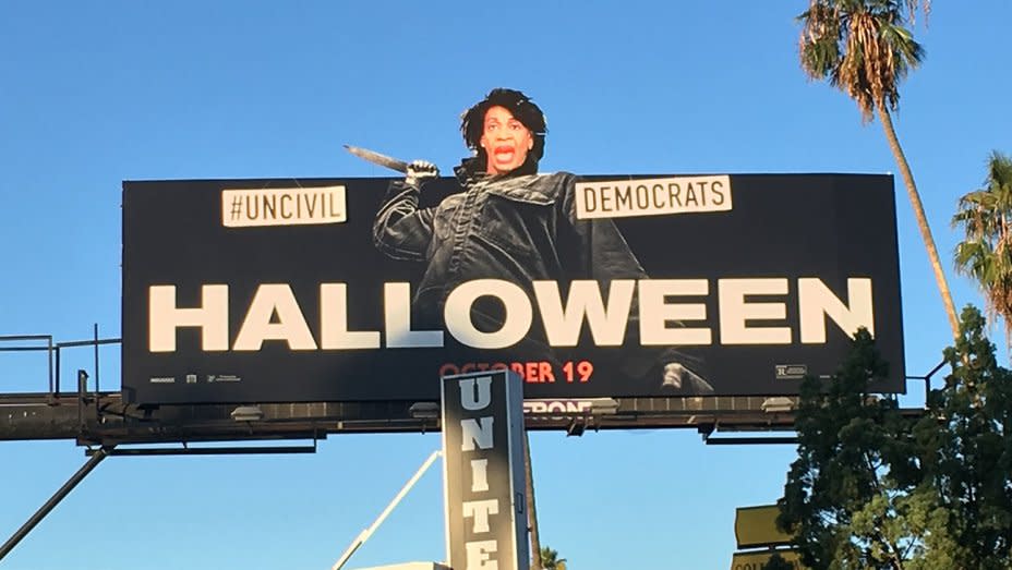 A street artist transformed a <em>Halloween</em> ad into an attack on Congresswoman Maxine Waters and “uncivil Democrats.” (Photo: Sabo)