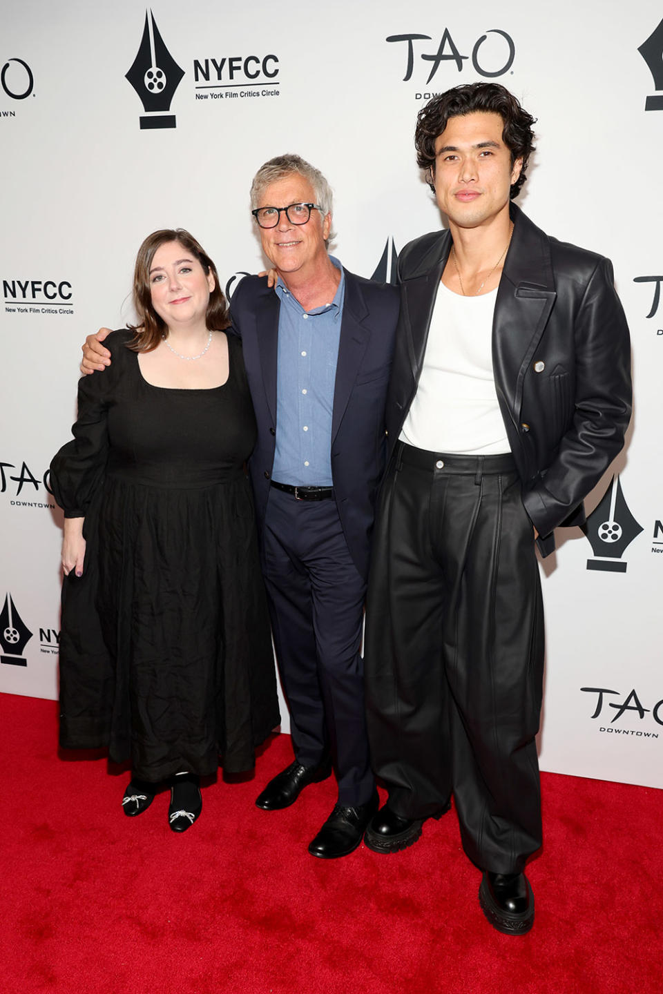 Samy Burch, Todd Haynes and Charles Melton attend the 2024 New York Film Critics Circle Awards at TAO Downtown on January 03, 2024 in New York City.