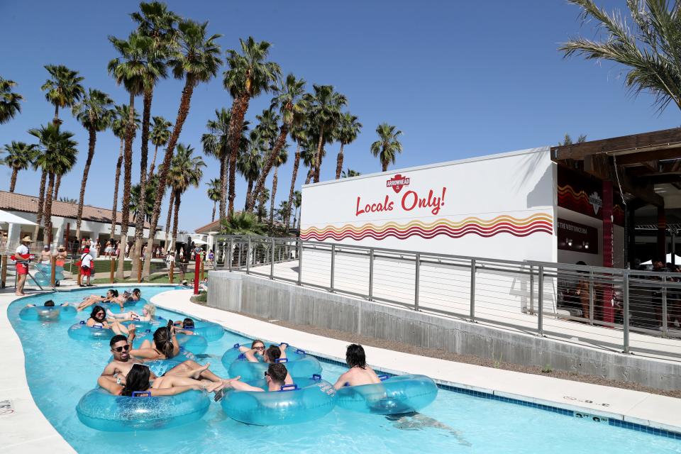 People float in the lazy river during the first-ever Goldenvoice Surf Club at the Palm Springs Surf Club on Saturday, April 13, 2024.