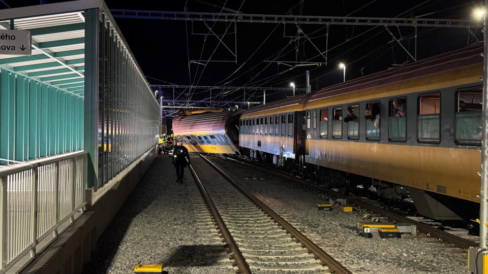 A view of a derailed train carriage following a collision between a passenger train and a freight train in Pardubice, Czech Republic, June 5, 2024 in this picture obtained from social media.  Jiri Sejkora/via REUTERS