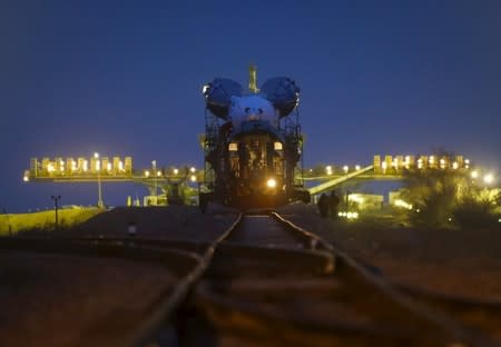 The Soyuz TMA-20M for the next International Space Station (ISS) crew of Jeff Williams of the U.S. and Oleg Skriprochka and Alexey Ovchinin of Russia is transported from an assembling hangar to the launchpad, ahead of its launch scheduled on March 19, at the Baikonur cosmodrome in Kazakhstan March 16, 2016. REUTERS/Shamil Zhumatov