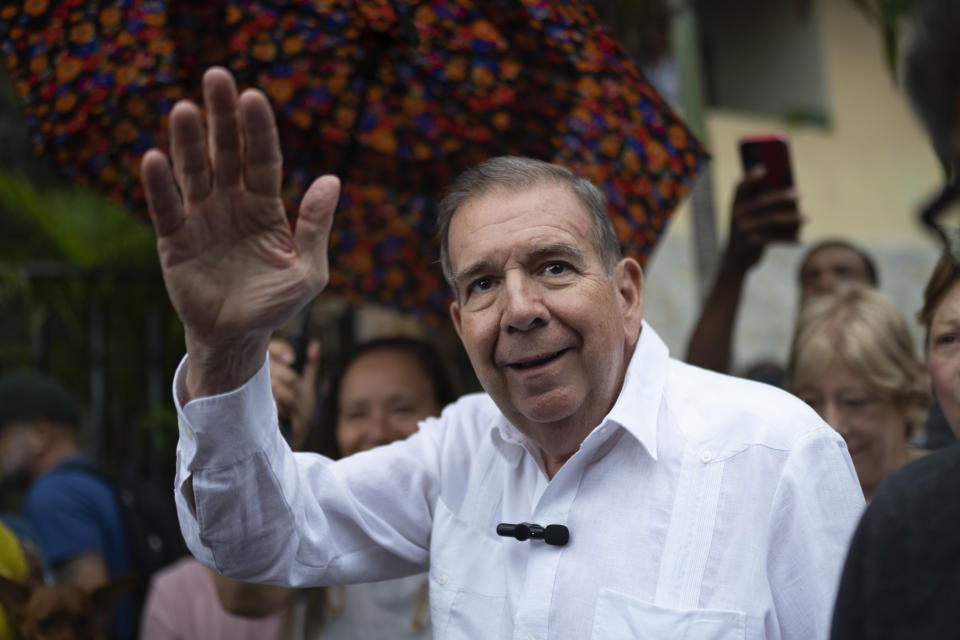 FILE - Venezuelan opposition presidential candidate Edmundo Gonzalez waves to supporters during a political event at a square in the Hatillo municipality of Caracas, Venezuela, June 19, 2024. (AP Photo/Ariana Cubillos, File)