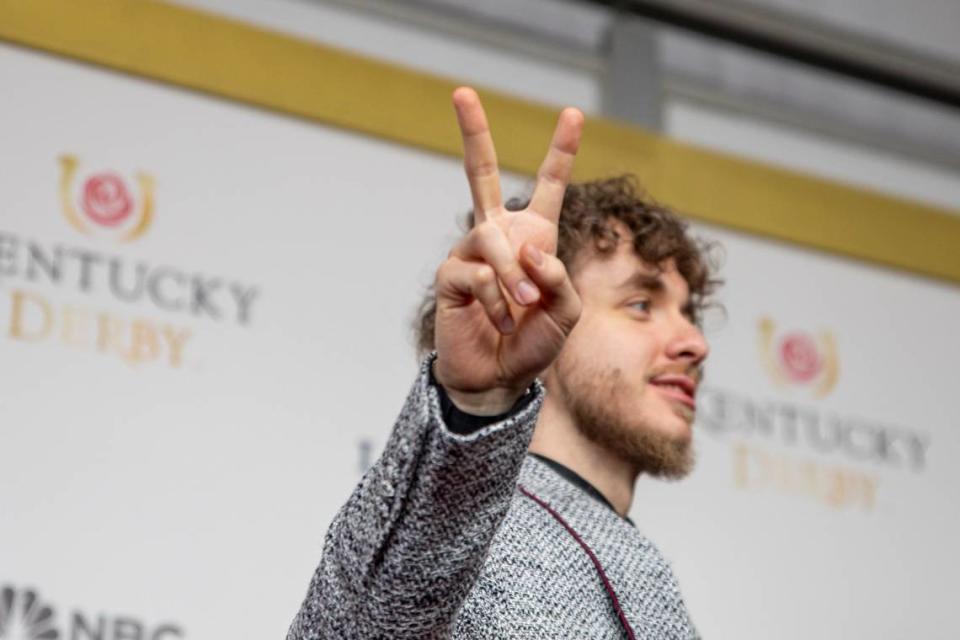 Louisville native and rapper Jack Harlow takes to the red carpet at Churchill Downs before the start of 149th Kentucky Derby in Louisville, Kentucky on Saturday, May 6, 2023. Harlow held up a two for his bet in this derby: Two Phil’s.