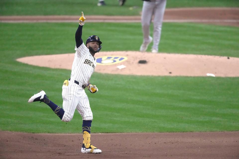 Milwaukee Brewers outfielder Jackson Chourio (11) hits a solo home run during the first inning of their wild-card playoff game against the New York Mets Wednesday, October 2, 2024 at American Family Field in Milwaukee, Wisconsin.