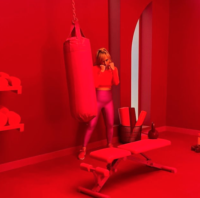 Rebel Wilson in a red room with workout equipment on Instagram 