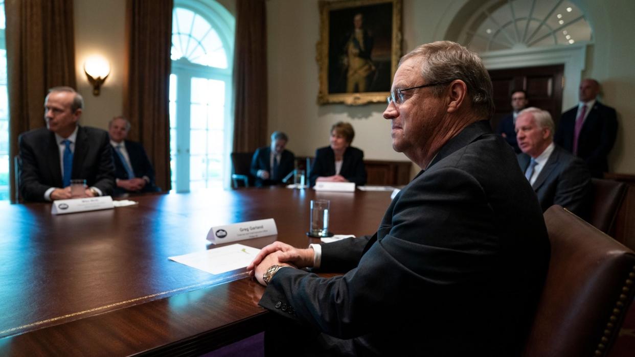 Mandatory Credit: Photo by Evan Vucci/AP/Shutterstock (10601969s)Phillips 66 CEO Greg Garland listens as President Donald Trump speaks during a meeting with energy sector business leaders in the Cabinet Room of the White House, in WashingtonVirus Outbreak Trump, Washington, United States - 03 Apr 2020.