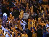 May 20, 2018; Oakland, CA, USA; Golden State Warriors fans during a Houston Rockets free throw during the third quarter of game three of the Western conference finals of the 2018 NBA Playoffs at Oracle Arena. Mandatory Credit: Kelley L Cox-USA TODAY Sports