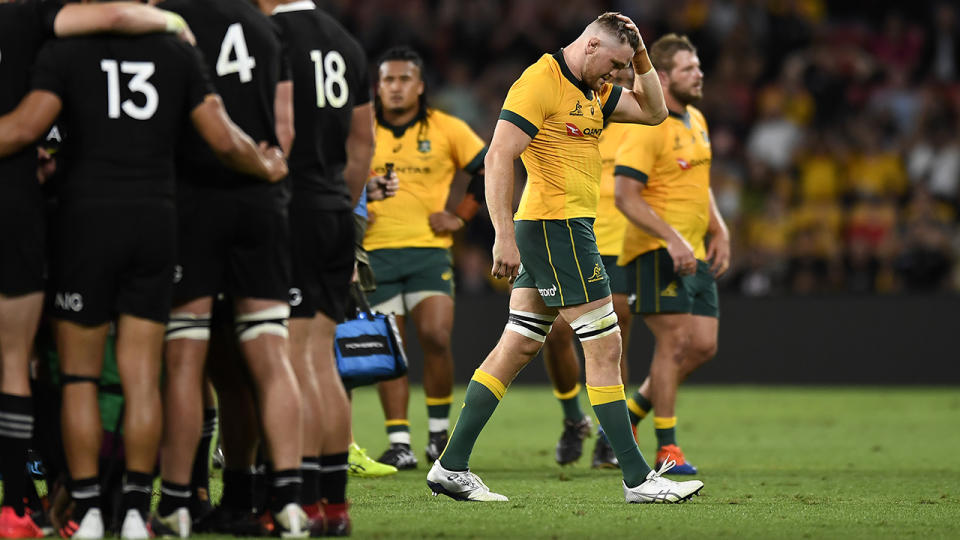Wallabies star Lachie Swinton walks off the field after being sent off during the fourth 2020 Tri-Nations. (Photo by Albert Perez/Getty Images)
