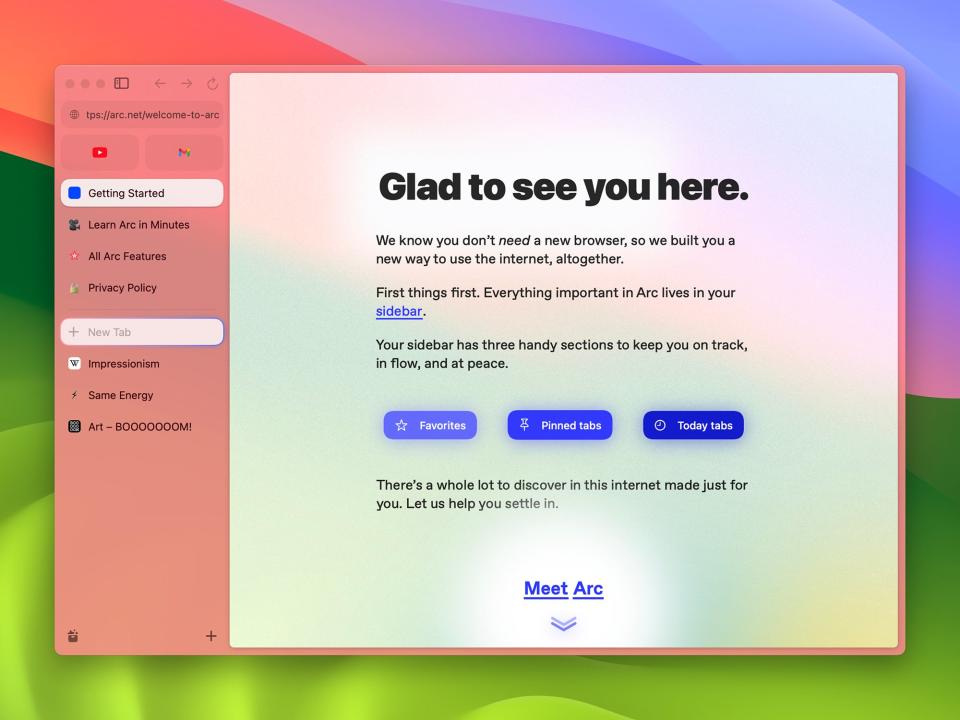 The welcome screen when working through the Arc browser setup process.