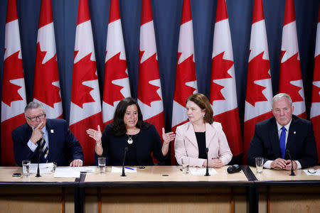 (L-R) Canada's Public Safety Minister Ralph Goodale, Justice Minister Jody Wilson-Raybould, Health Minister Jane Philpott and Bill Blair, the government's point man on the legalised marijuana file, take part in a news conference in Ottawa, Ontario, Canada, April 13, 2017. REUTERS/Chris Wattie
