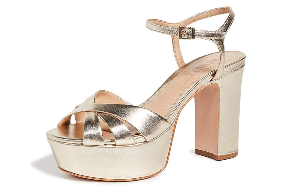 schutz, metallic, sandals, gold, platform, heel