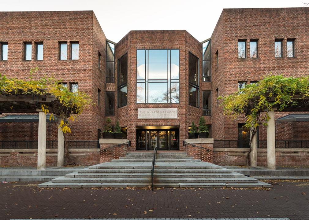 A facade display of Upenn's Wharton School building.