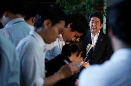 Japan's Prime Minister Shinzo Abe speaks to the media at his official residence in Tokyo, Japan July 28, 2017. REUTERS/Toru Hanai