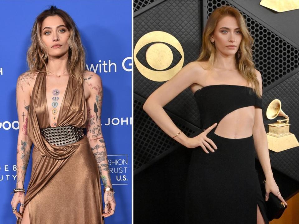 Normalerweise ziert ihren Oberkörper eine Vielzahl an Tattoos: Für die Grammys ließ Paris Jackson alle davon abdecken. (Bild: IMAGO/UPI Photo / DFree/Shutterstock)