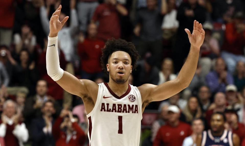 Alabama guard Mark Sears (1) is one of the leading candidates for the 2023-24 SEC Player of the Year award. The 6-foot-1 senior entered play Wednesday night averaging 20.6 points, 4.3 rebounds. 4 assists and 1.8 steals a game.
