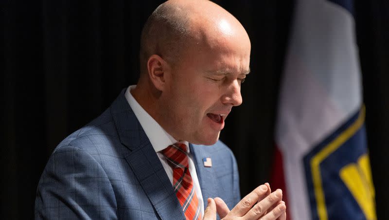 Gov. Spencer Cox speaks during a press conference about campus free speech at the Utah System of Higher Education office in Salt Lake City on Friday, Dec. 1, 2023.