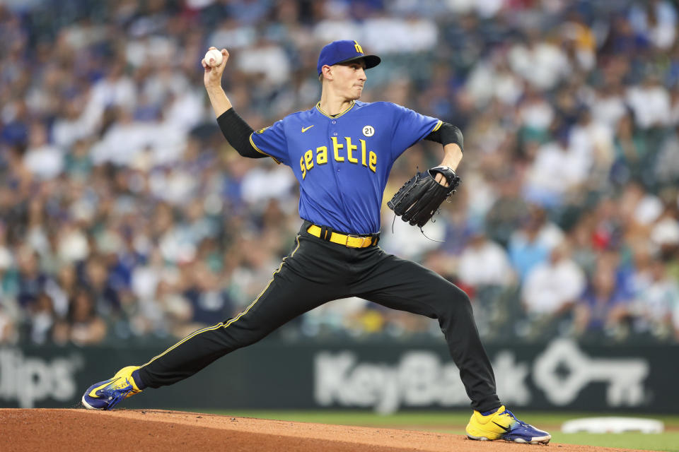 Seattle Mariners starting pitcher George Kirby throws against the Los Angeles Dodgers during the first inning of a baseball game Friday, Sept. 15, 2023, in Seattle. (AP Photo/Maddy Grassy)