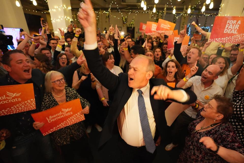 Liberal Democrat leader Sir Ed Davey danced to Sweet Caroline at the London Art Bar, after securing a record number of seats (James Manning/PA)