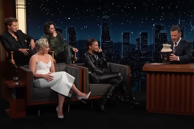 <p>Jimmy Kimmel Live/ YouTube</p> The cast of 'Dune: Part Two' reacting to the viral popcorn bucket