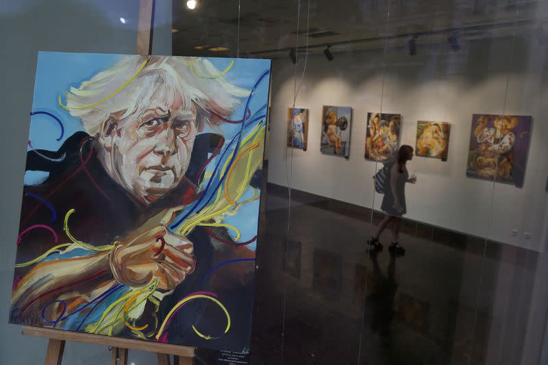 FILE PHOTO: A portrait of British Prime Minister Boris Johnson is seen at a gallery in Kyiv