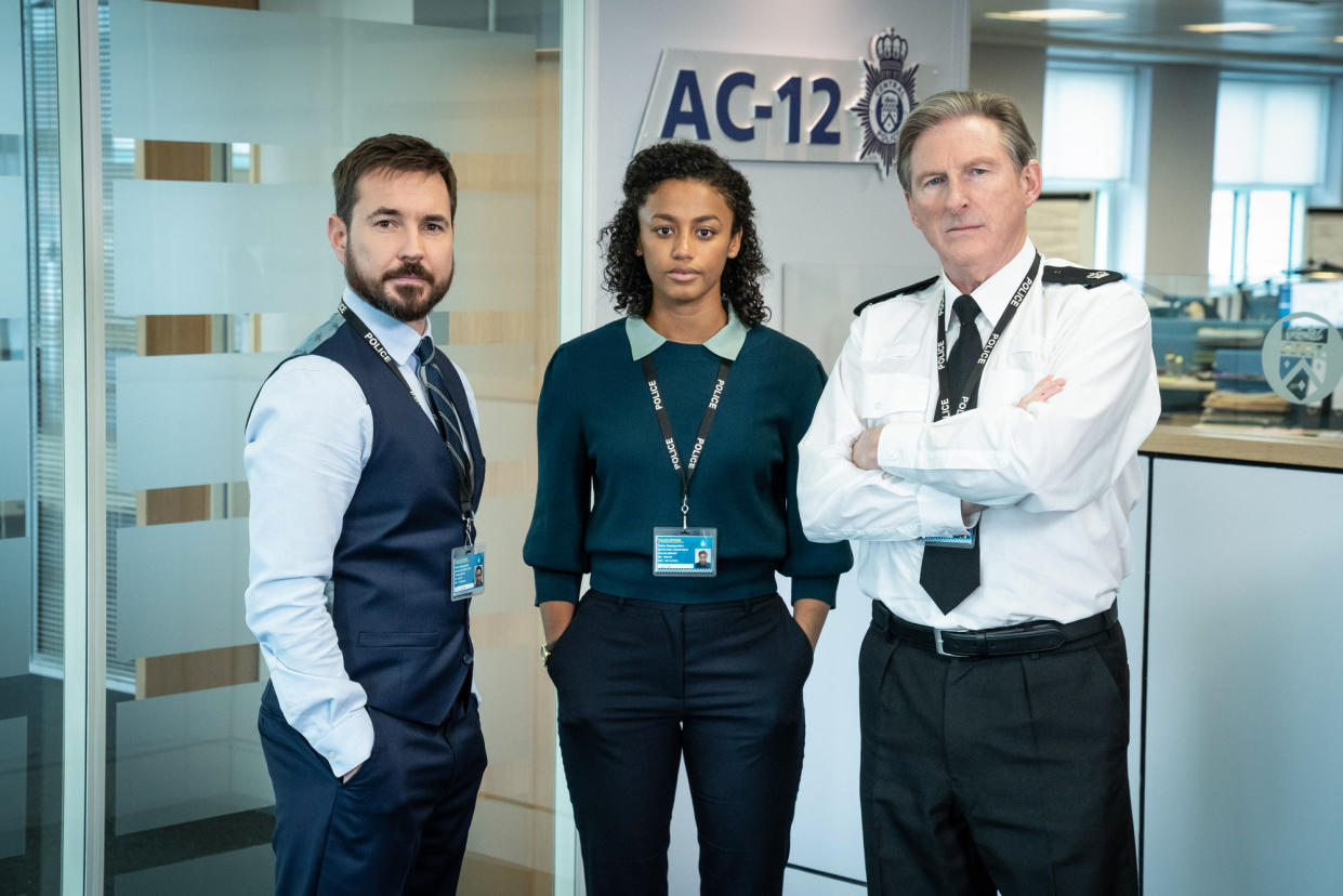 WARNING: Embargoed for publication until 00:00:01 on 23/03/2021 - Programme Name: Line of Duty S6 - TX: n/a - Episode: Line Of Duty - Generics (No. n/a) - Picture Shows:  DS Steve Arnott (MARTIN COMPSTON), DC Chloe Bishop (SHALOM BRUNE-FRANKLIN), Superintendent Ted Hastings (ADRIAN DUNBAR) - (C) World Productions - Photographer: Steffan Hill