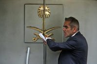 A security guard waits to enter Saudi Arabia's consulate in Istanbul, Tuesday, Oct. 23, 2018. Saudi officials murdered Saudi writer Jamal Khashoggi in their Istanbul consulate after plotting his death for days, Turkey's President Recep Tayyip Erdogan said Tuesday, contradicting Saudi Arabia's explanation that the writer was accidentally killed. He demanded that the kingdom reveal the identities of all involved, regardless of rank. (AP Photo/Lefteris Pitarakis)