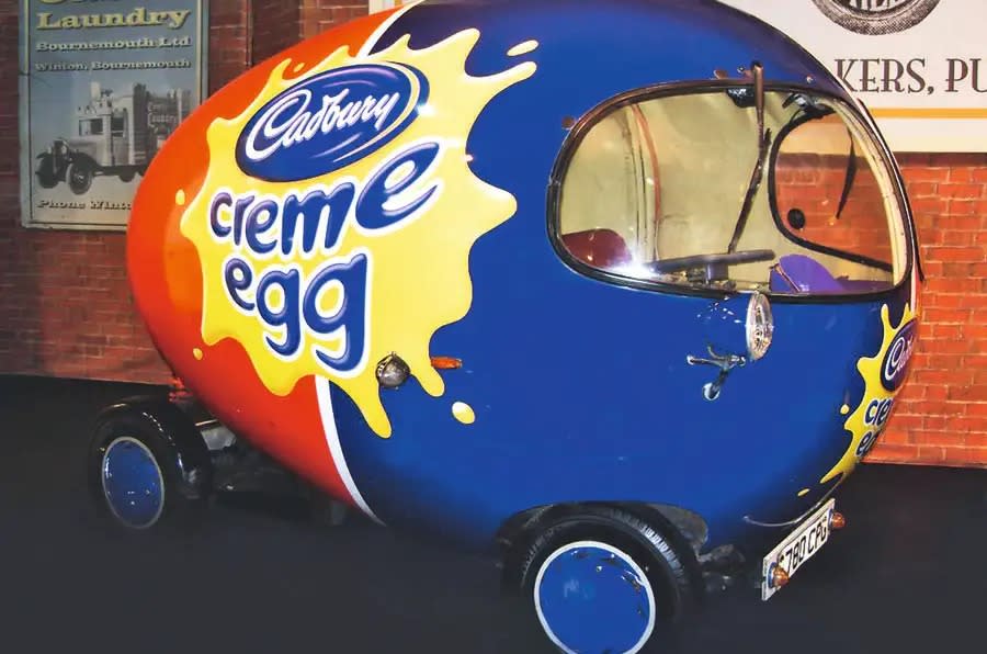 <p>Rather more durable and decidedly less munchable than the chocolate product it advertises, the Creme Egg car was commissioned by chocolate maker Cadbury-Schweppes in the late 1980s. It’s based on a Bedford Rascal van and five were built, their ovoid forms resembling a less healthy version of the Outspan Mini. Corgi Toys makes a model of the car that, slightly disappointingly, proves inedible.</p>