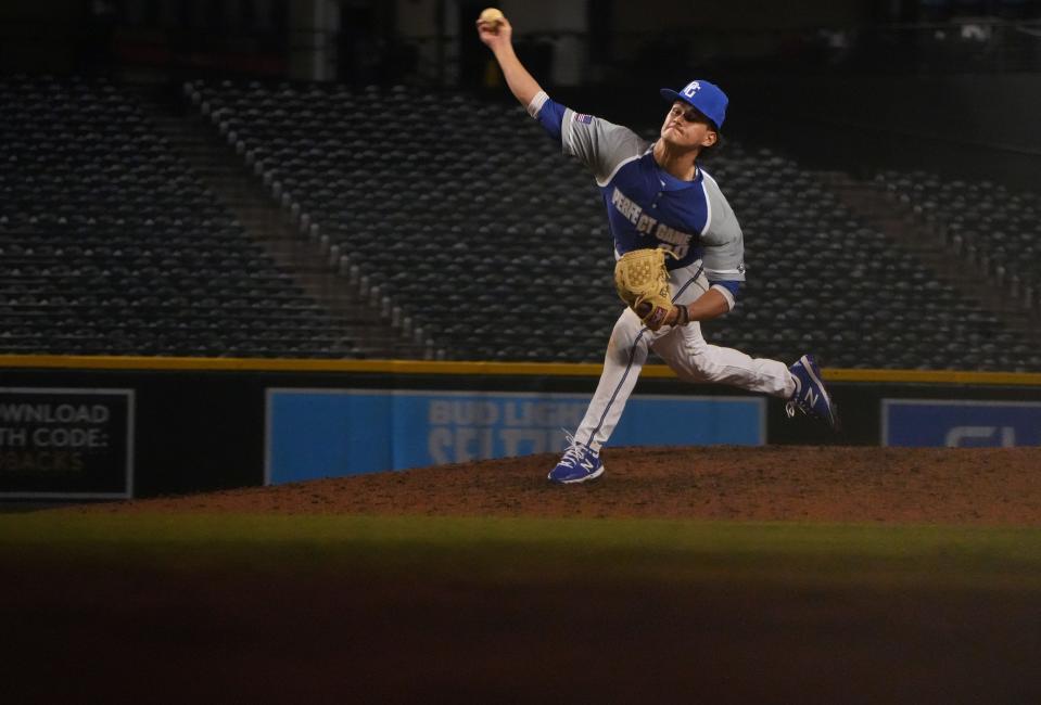 East Squad's Josh Knoth pitches against the West Squad during the Perfect Game All-American Classic at Chase Field on Sunday, Aug. 28, 2022.   